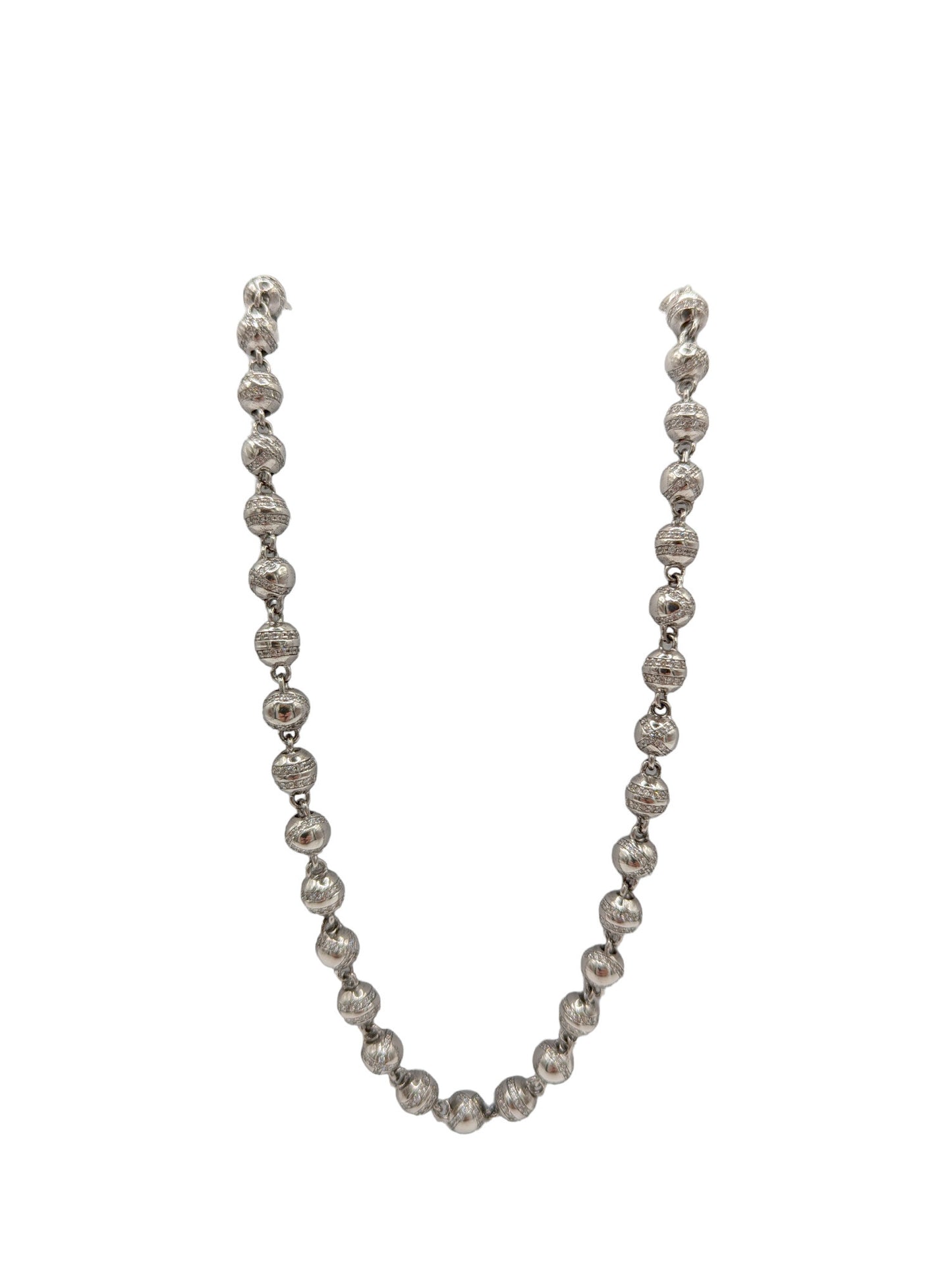 36" Silver CZ Hip Hop Style Bead Necklace