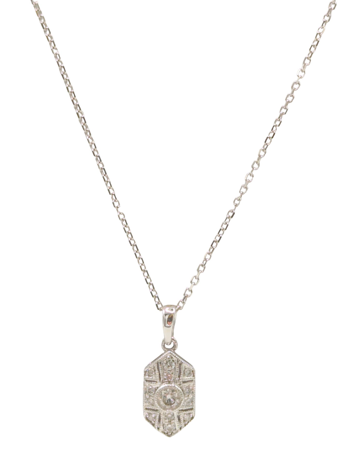 18ct White Gold Deco Style Diamond Pendant And Chain