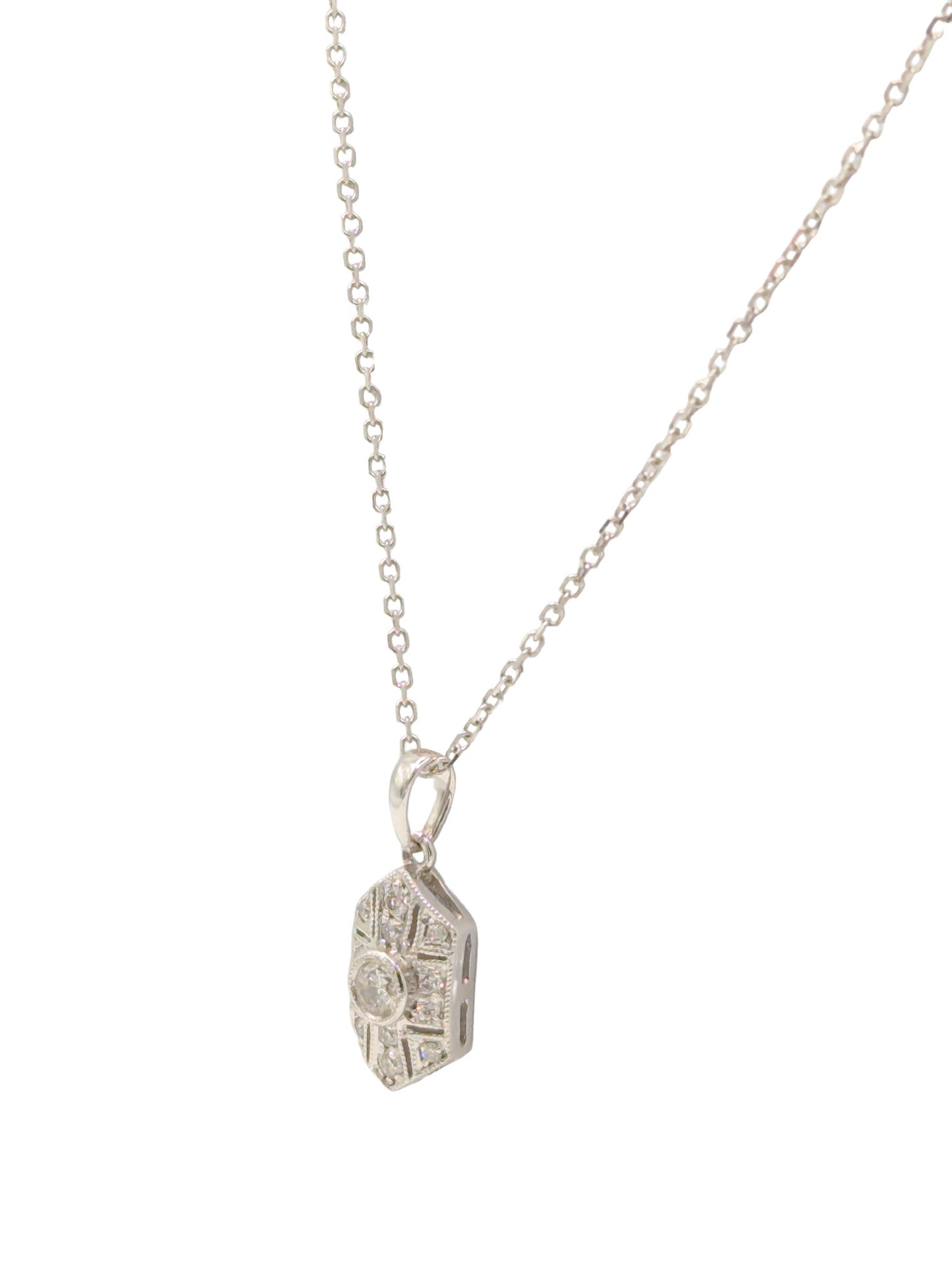 18ct White Gold Deco Style Diamond Pendant And Chain