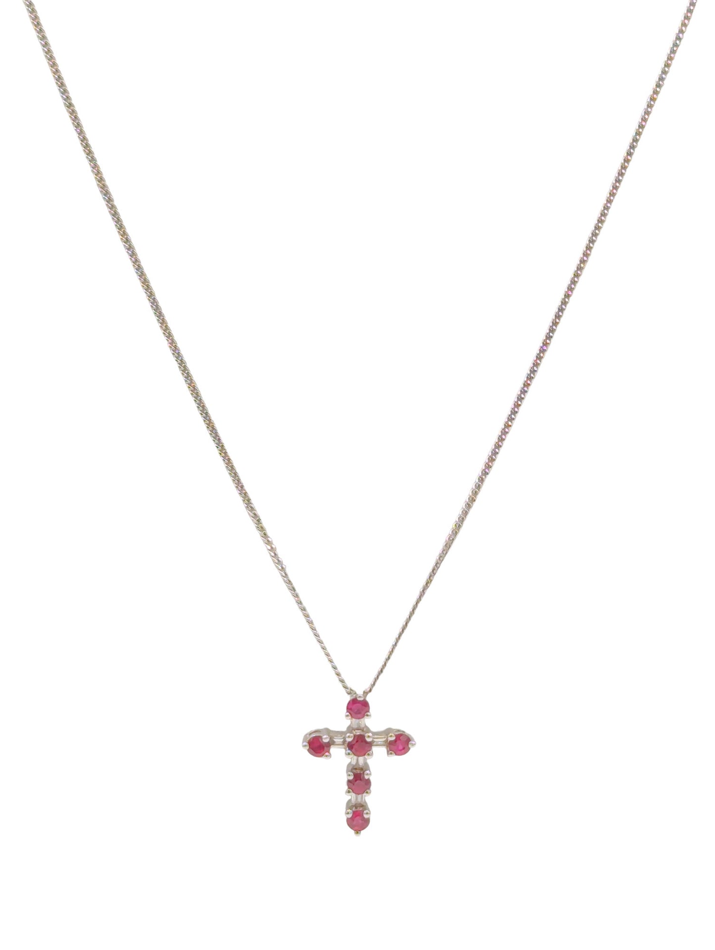 18ct White Gold Diamond Ruby Cross Pendant And Chain