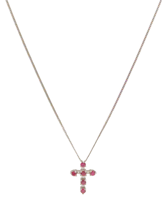 18ct White Gold Diamond Ruby Cross Pendant And Chain