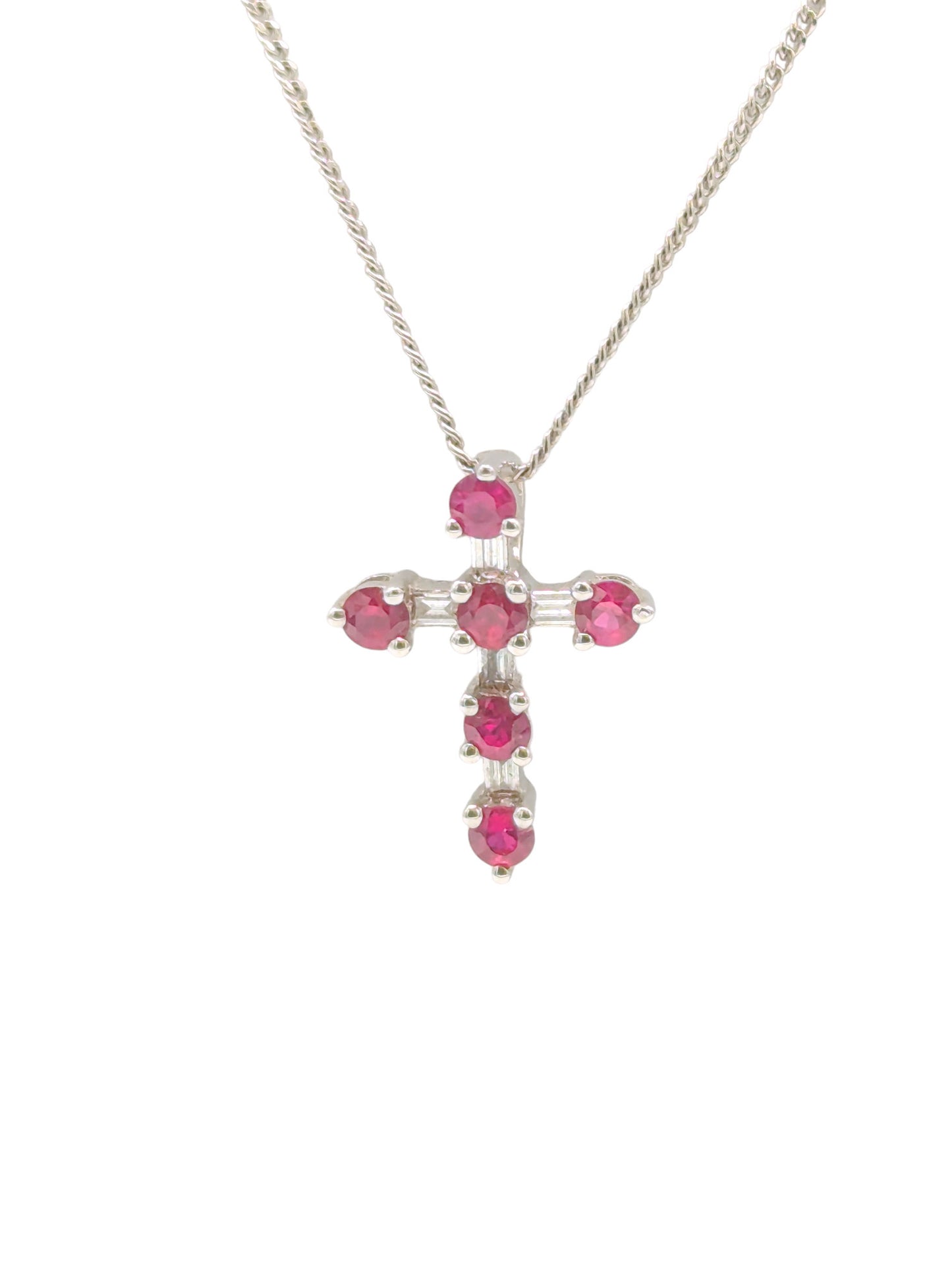 18ct White Gold Diamond Ruby Cross Pendant And Chain