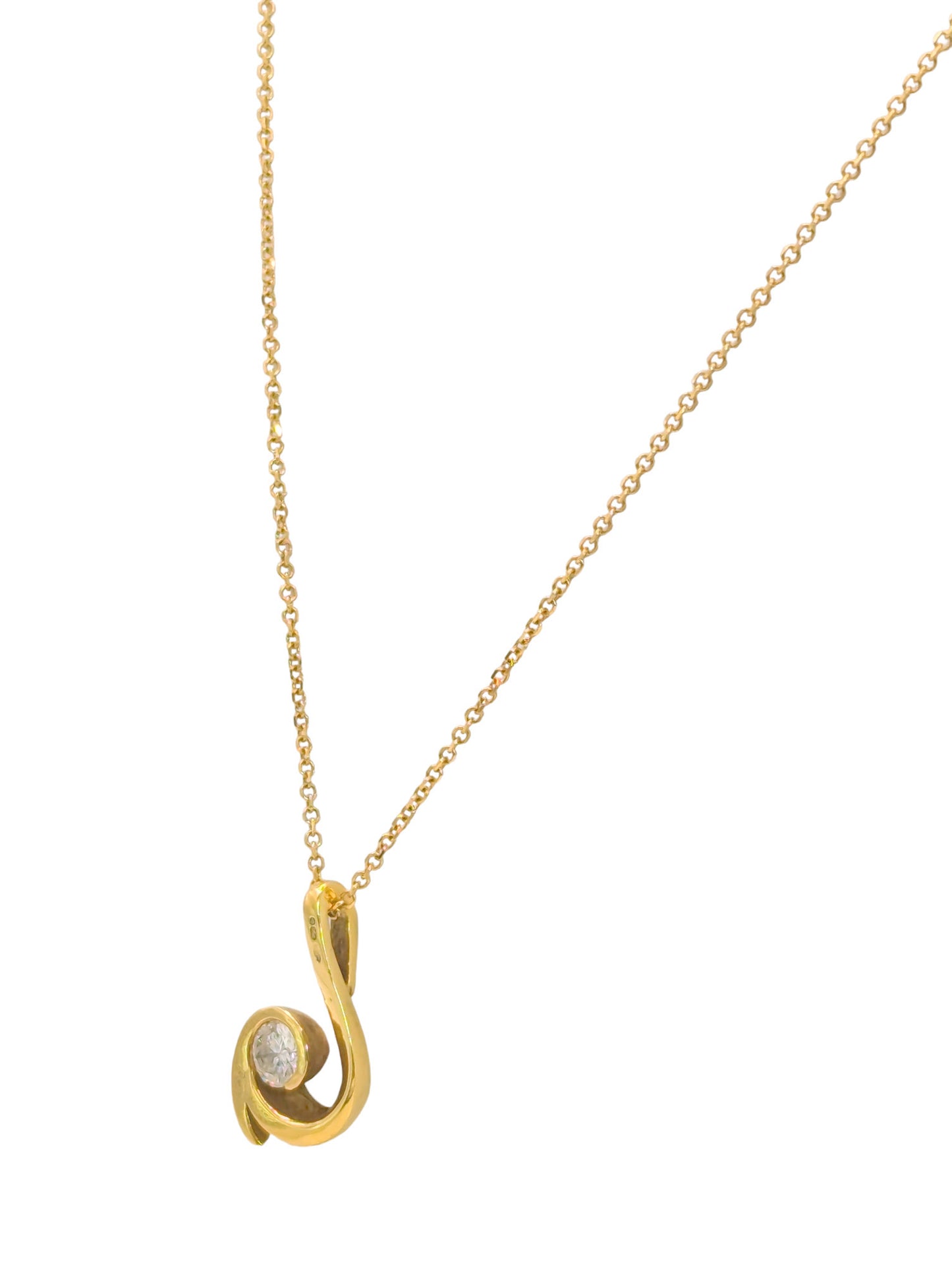 18ct Gold Diamond Solitaire Swirl Pendant and Diamond Cut Oval Chain