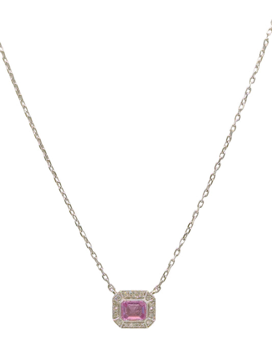 18ct White Gold Pink Sapphire & Diamond Pendant With 18”Chain