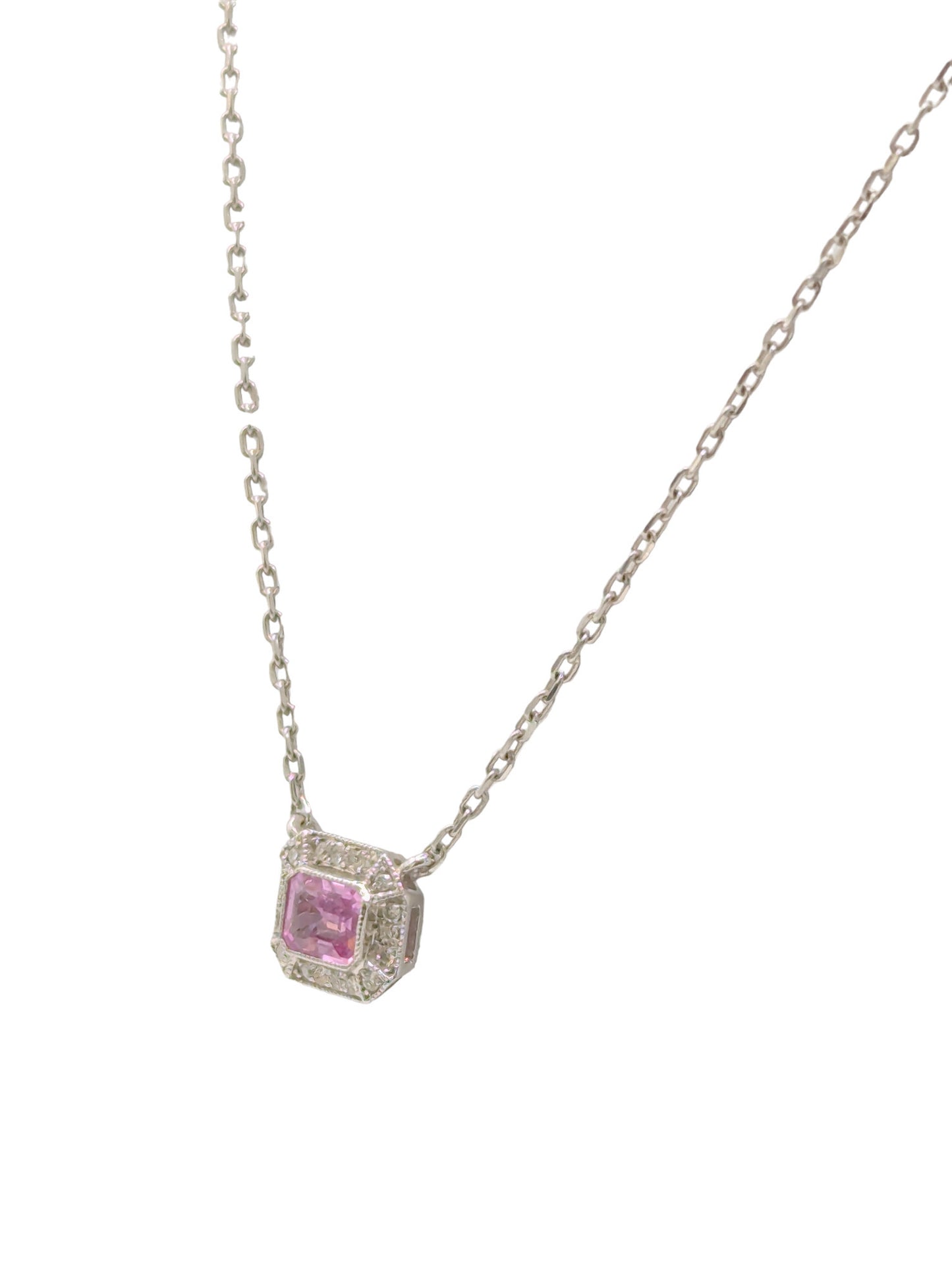 18ct White Gold Pink Sapphire & Diamond Pendant With 18”Chain