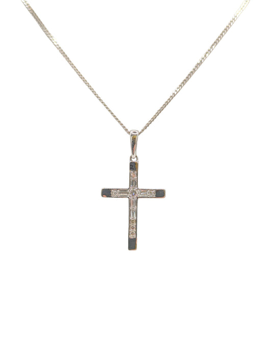 9ct White Gold Diamond Cross On 16” Curb Chain