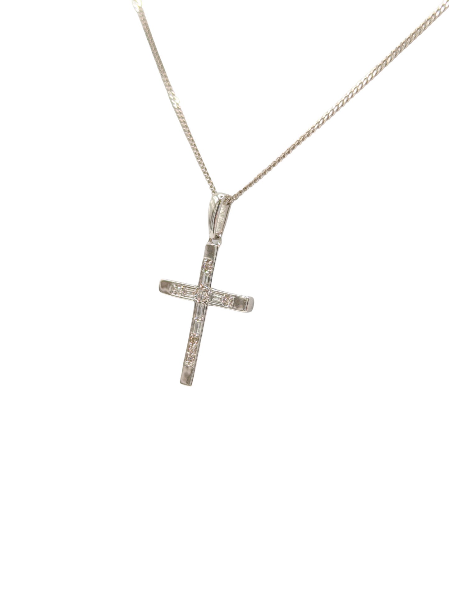 9ct White Gold Diamond Cross On 16” Curb Chain