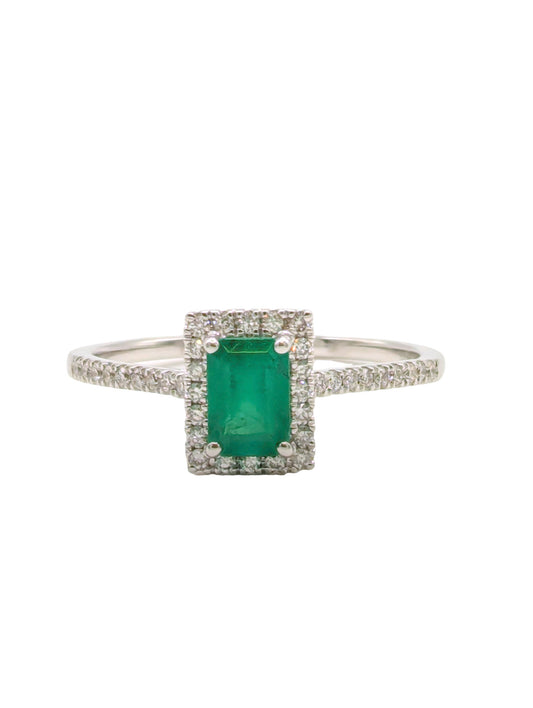 9ct WG Diamond Emerald Halo Ladies Ring