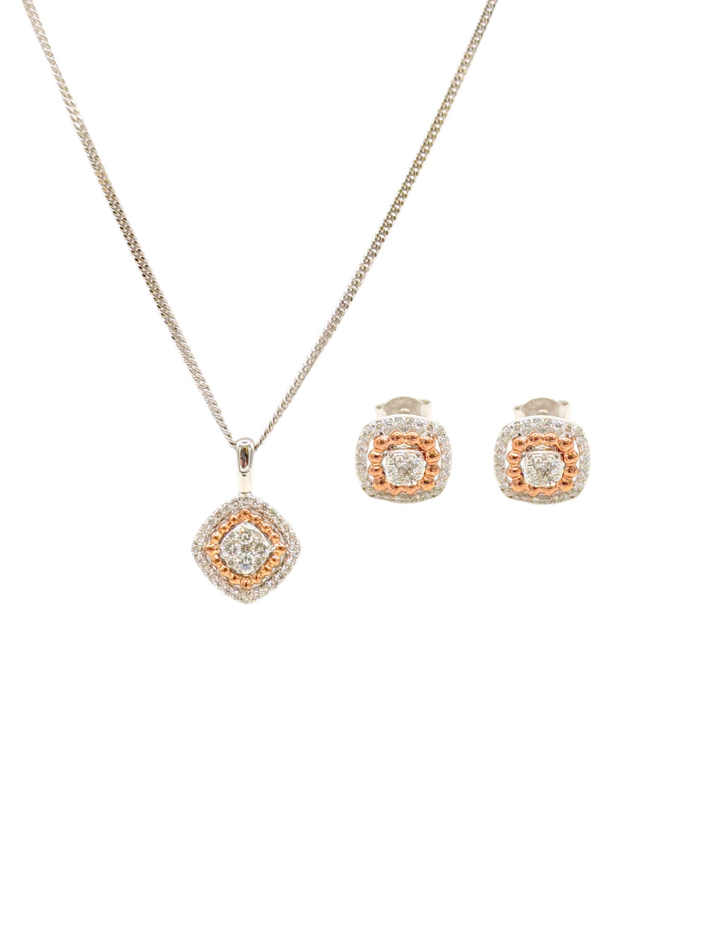 9 Carat White and Red Gold Beaded Pendant and Earring Set